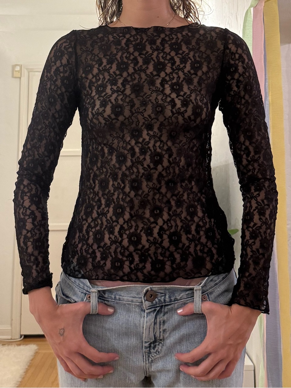 Divided Black Sheer Lace Long-Sleeve Top